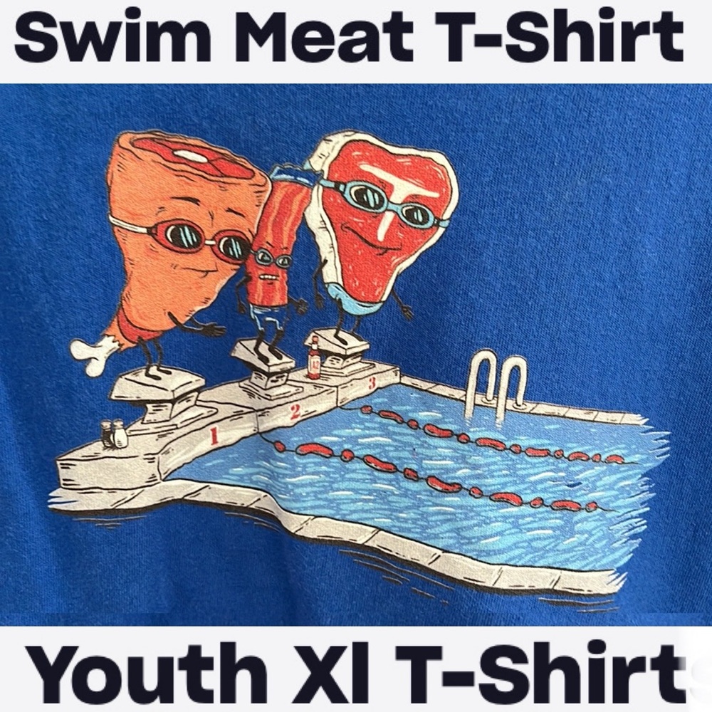 🥩”Swim Meat” Play On Words Unisex Kids T-Shirt | FUNNY SWIM MEET Tee | Youth XL